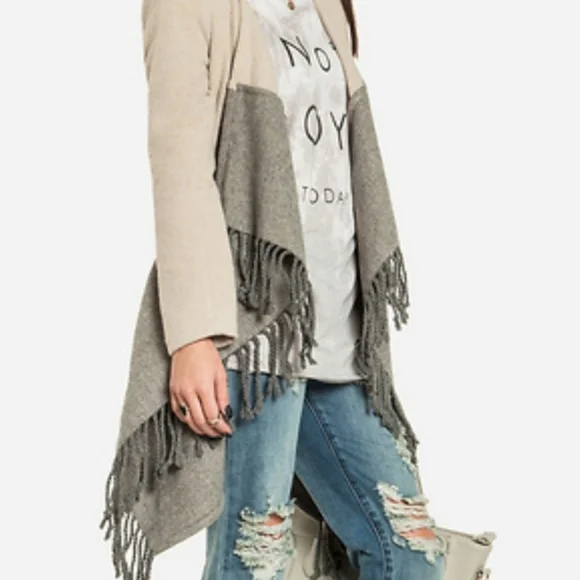 BB Dakota cardigan coat womens small wool blend colorblock fringe - Picture 2 of 5